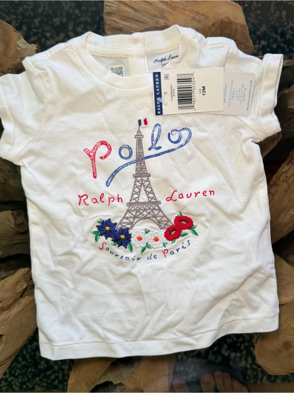 Ralph Lauren White Short-Sleeve Baby Polo Tee with Colorful Paris Embroidery